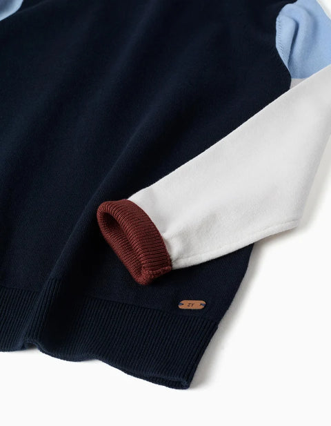 Knitted Jumper with Colour Block for Boys, Navy Blue/White/Brown