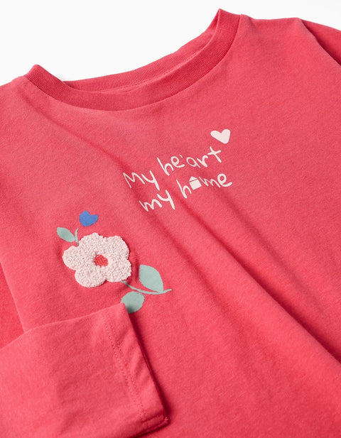 Long Sleeve Cotton T-Shirt with Flowers Print for Girls, Red