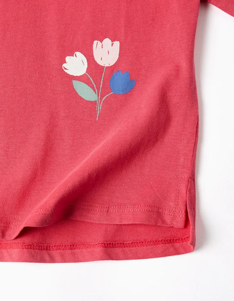 Long Sleeve Cotton T-Shirt with Flowers Print for Girls, Red