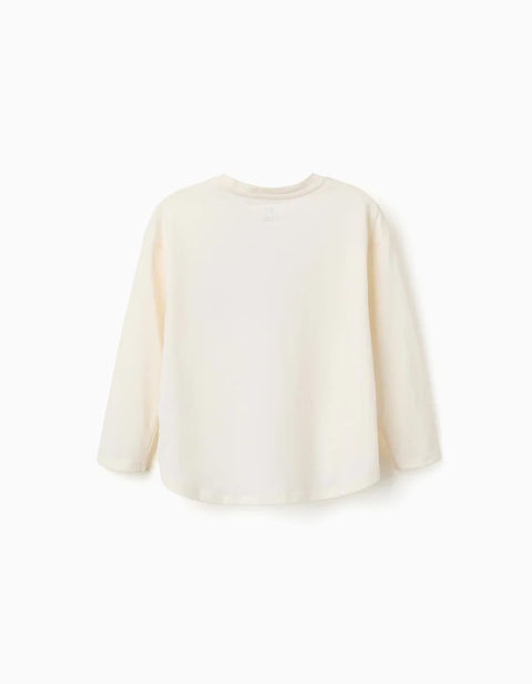 Long Sleeve Cotton T-Shirt with House Print for Girls, White