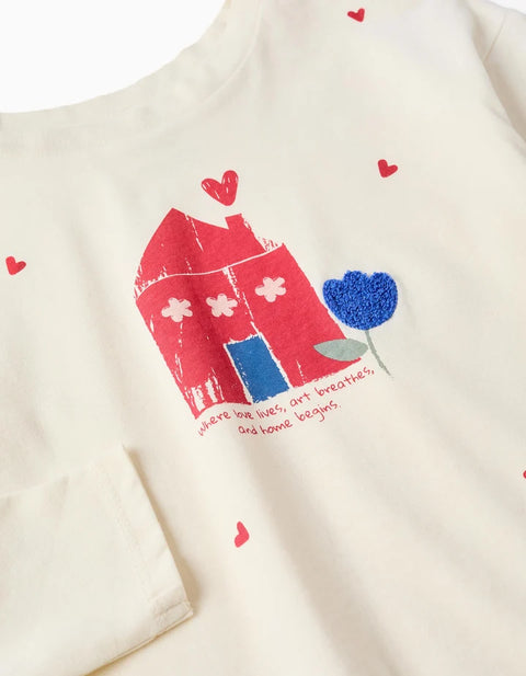 Long Sleeve Cotton T-Shirt with House Print for Girls, White