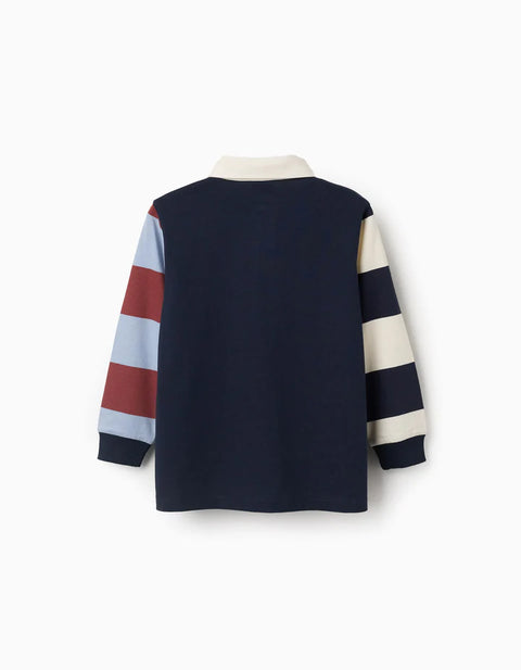 Long Sleeve Cotton Polo Shirt with Stripes for Boys, Blue/Beige/Brown