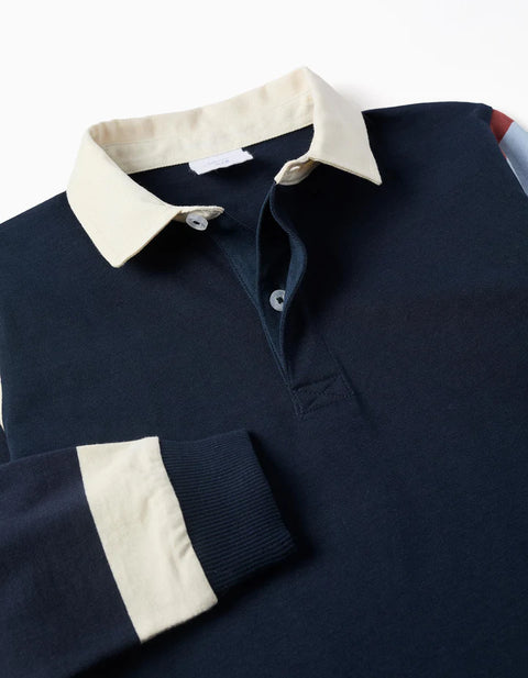 Long Sleeve Cotton Polo Shirt with Stripes for Boys, Blue/Beige/Brown