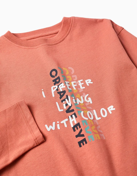 Long Sleeve Cotton T-Shirt with Creative Eye Print for Boys, Terracotta