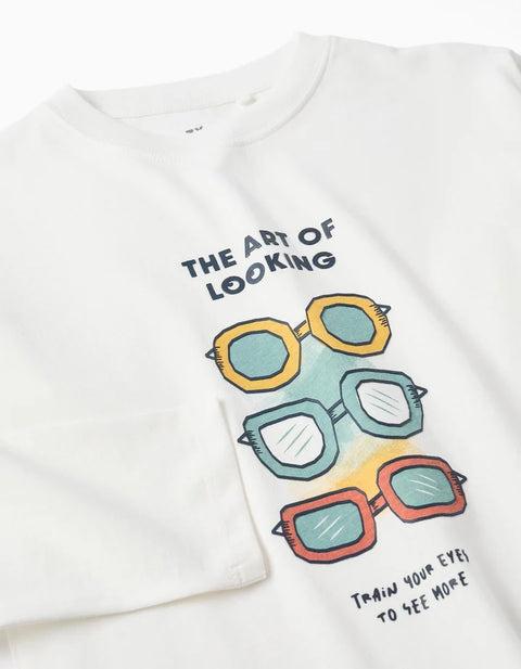 Long Sleeve Cotton T-Shirt with Art of Looking Print for Boys, White