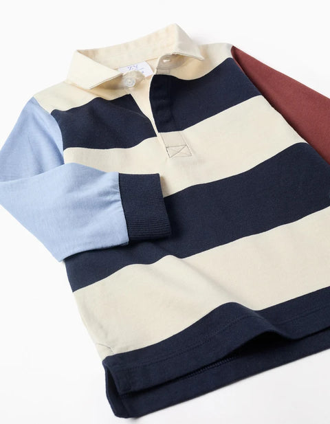 Long Sleeve Polo Shirt with Stripes for Baby Boys, Blue/Beige/Brown