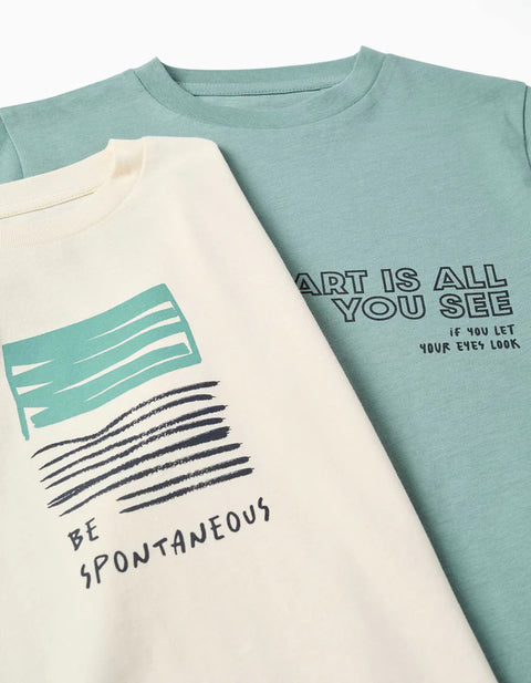 Pack of 2 Long Sleeve T-Shirts with Prints for Boys, White/Green