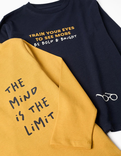 Pack of 2 Long Sleeve T-Shirts with Prints for Boys, Navy Blue/Yellow