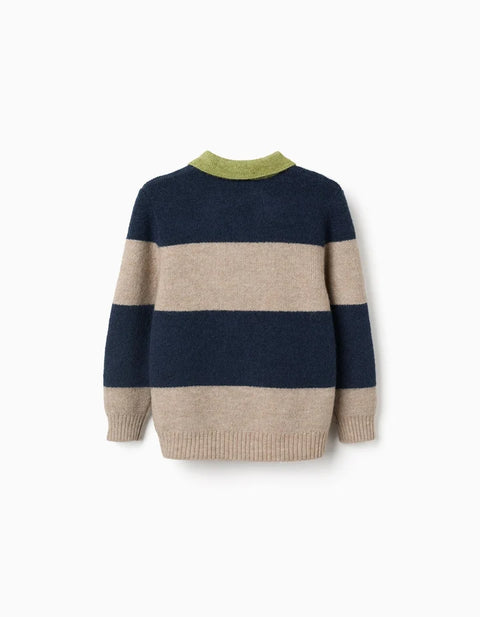 Knitted Jumper with Stripes for Boys, Navy Blue/Beige/Green