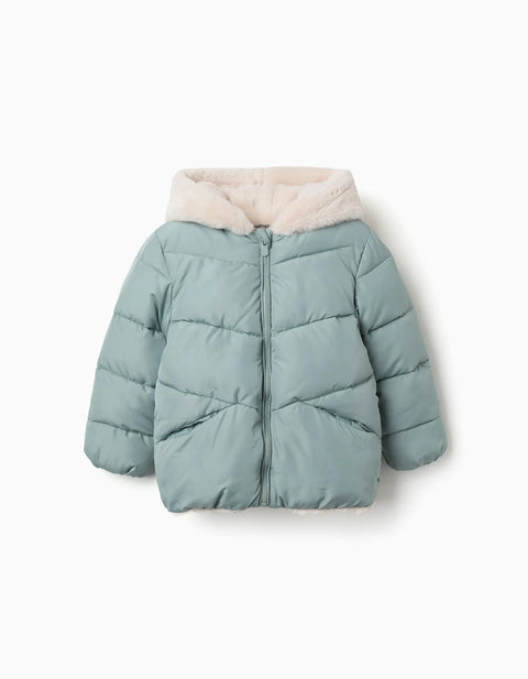 Hooded Puffer Jacket with Plush Lining for Girls, Light Green