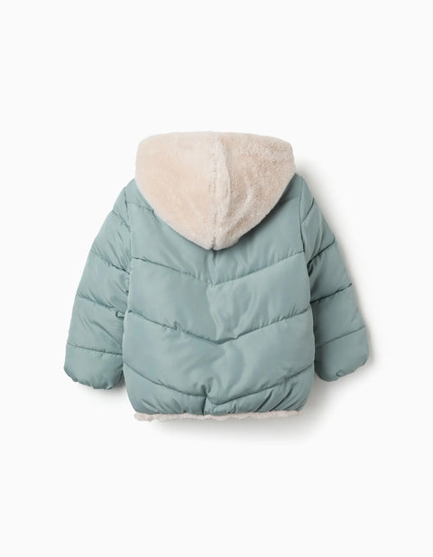 Hooded Puffer Jacket with Plush Lining for Girls, Light Green