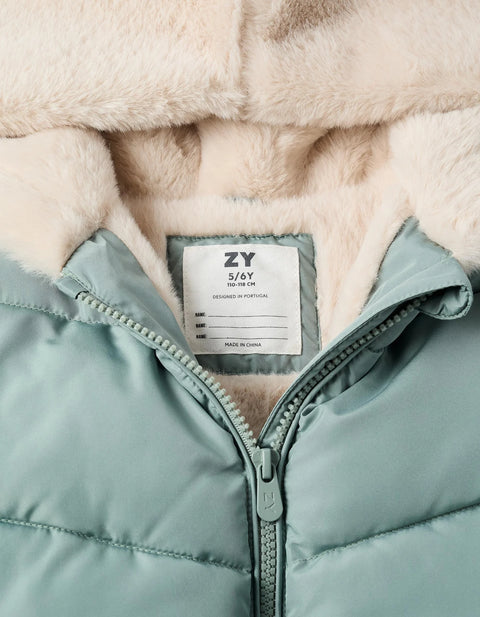 Hooded Puffer Jacket with Plush Lining for Girls, Light Green