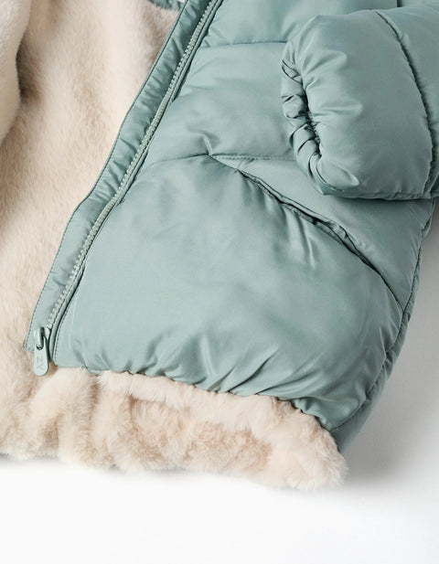 Hooded Puffer Jacket with Plush Lining for Girls, Light Green