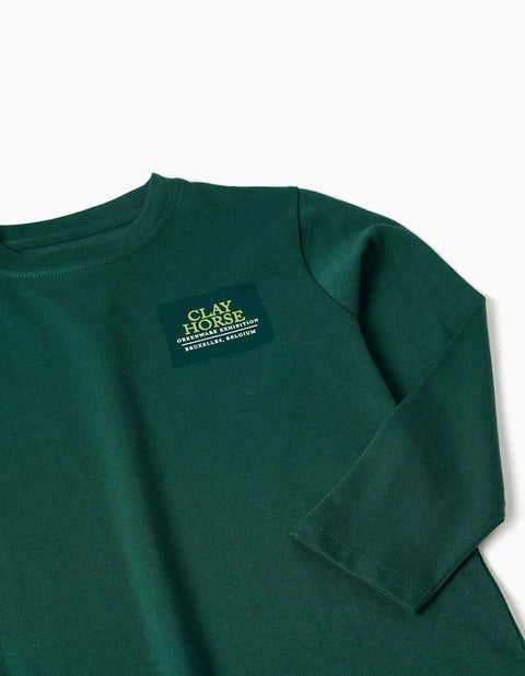 Long Sleeve Cotton T-Shirt with Clay Horse Print for Boys, Green