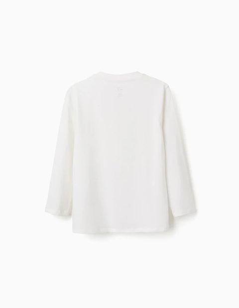 Long Sleeve Cotton T-Shirt with Studio Print for Boys, White