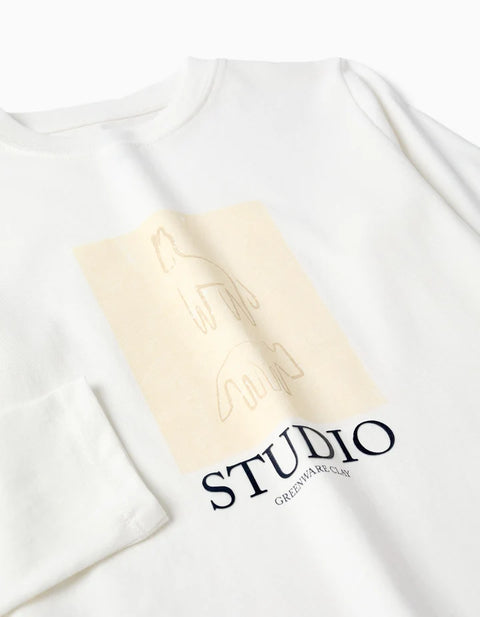 Long Sleeve Cotton T-Shirt with Studio Print for Boys, White