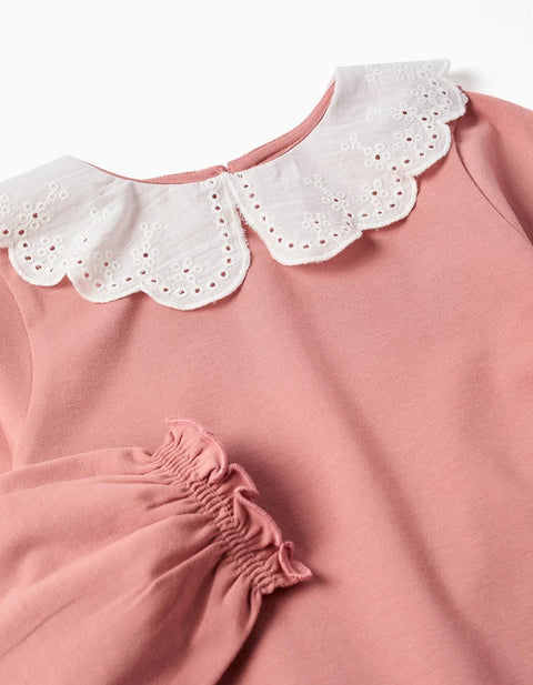 Long Sleeve T-Shirt with Broderie Anglaise Collar for Girls, Pink