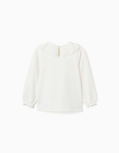 Long Sleeve T-Shirt with Broderie Anglaise Collar for Girls, White
