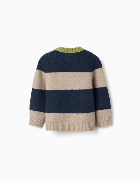 Knitted Jumper with Stripes for Baby Boys, Navy Blue/Beige/Green