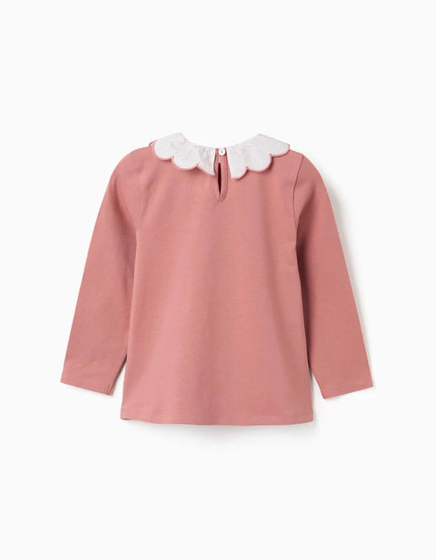 Long Sleeve Cotton T-Shirt with Floral Art Print for Girls, Dusty Pink