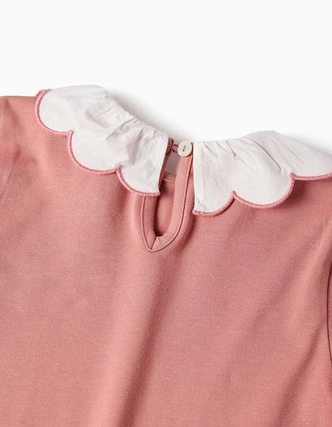 Long Sleeve Cotton T-Shirt with Floral Art Print for Girls, Dusty Pink