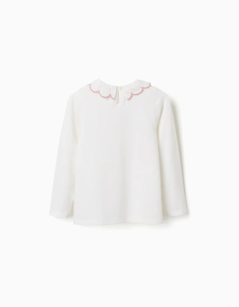 Long Sleeve Cotton T-Shirt with Flower Vase Print for Girls, White