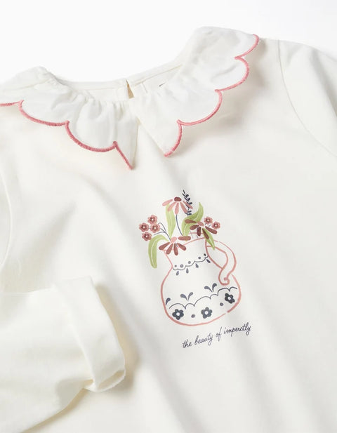 Long Sleeve Cotton T-Shirt with Flower Vase Print for Girls, White