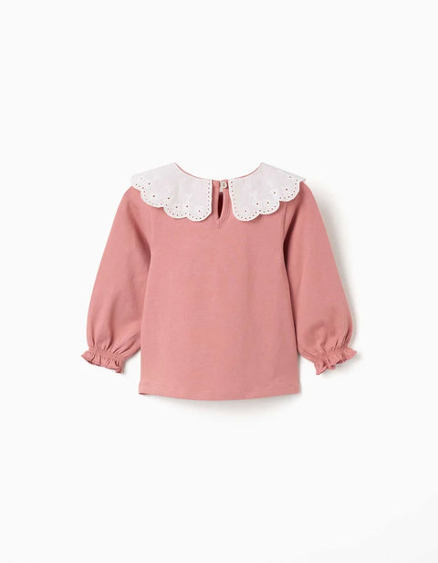 Long Sleeve T-Shirt with Embroidered Collar for Baby Girls, Pink