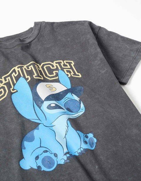 Cotton T-Shirt with Stitch Print for Children, Dark Grey
