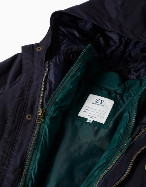 3-in-1 Padded Parka with Hood for Boys, Navy Blue/Dark Green