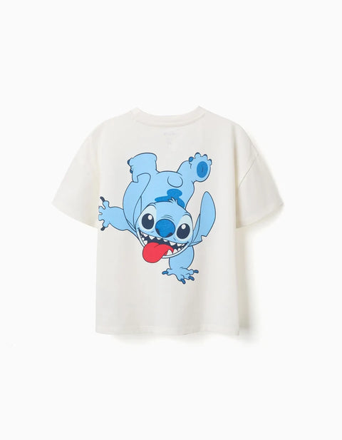 Cotton T-Shirt with Stitch Prints for Children, White