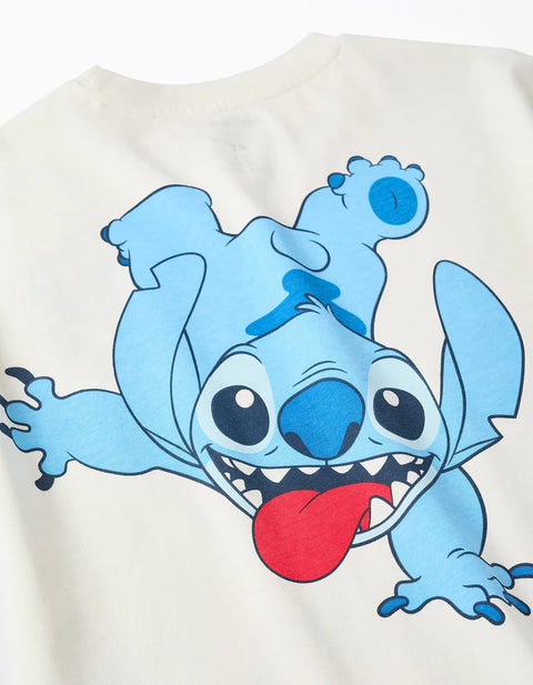 Cotton T-Shirt with Stitch Prints for Children, White
