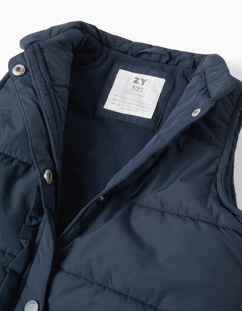 Puffer Vest with Polar Fleece Lining and Ruffles for Girls, Navy Blue