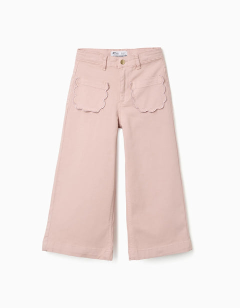 Wide Leg Twill Trousers with Front Pockets for Girls, Light Pink