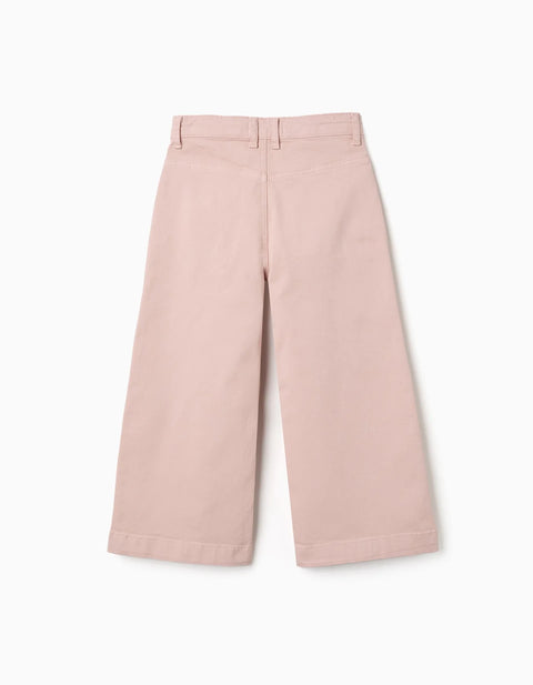 Wide Leg Twill Trousers with Front Pockets for Girls, Light Pink