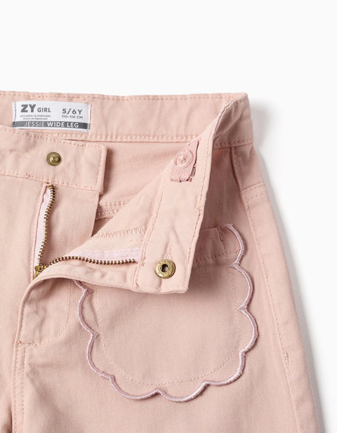 Wide Leg Twill Trousers with Front Pockets for Girls, Light Pink