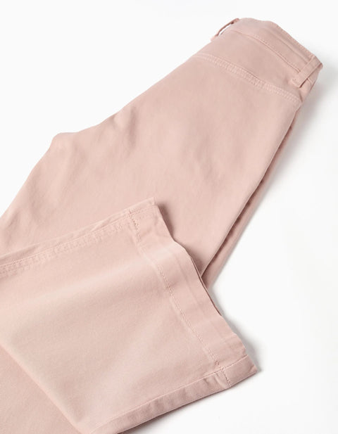 Wide Leg Twill Trousers with Front Pockets for Girls, Light Pink