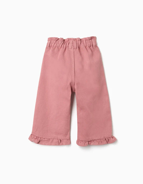 Wide Leg Twill Trousers with Ruffles for Baby Girls, Pink