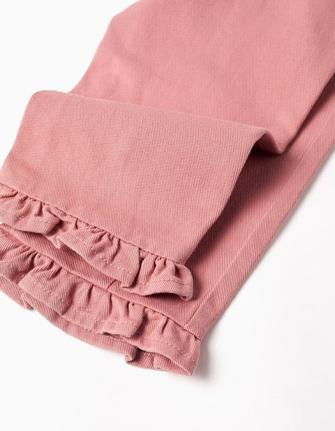 Wide Leg Twill Trousers with Ruffles for Baby Girls, Pink