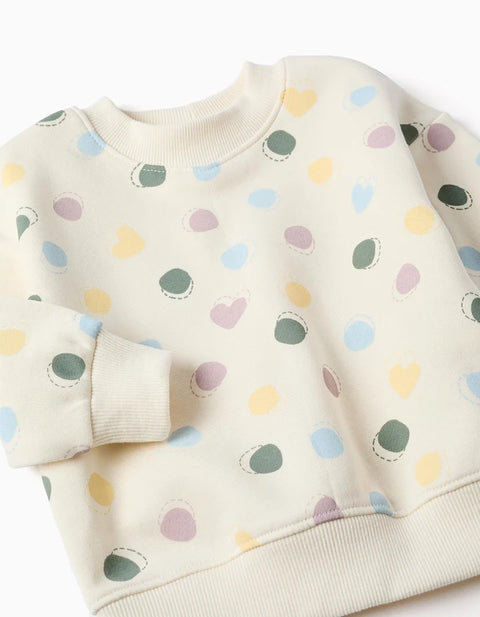 Brushed Sweatshirt with Hearts and Dots Pattern for Baby Girls, White