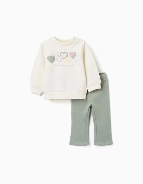Brushed Jogging Set with Heart Print for Baby Girls, White/Light Green