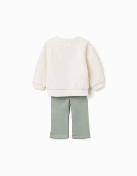Brushed Jogging Set with Heart Print for Baby Girls, White/Light Green