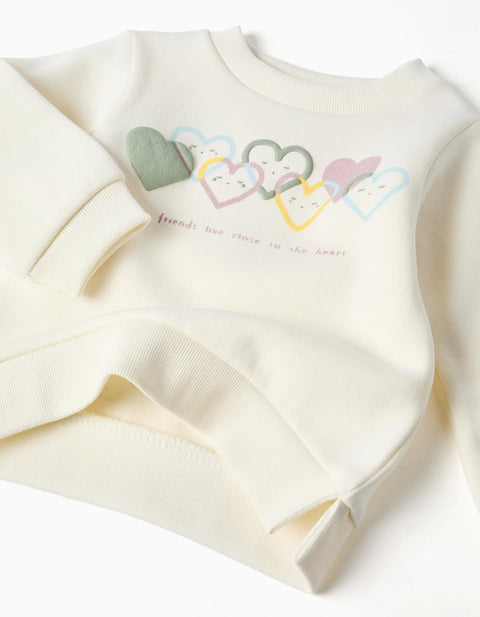 Brushed Jogging Set with Heart Print for Baby Girls, White/Light Green