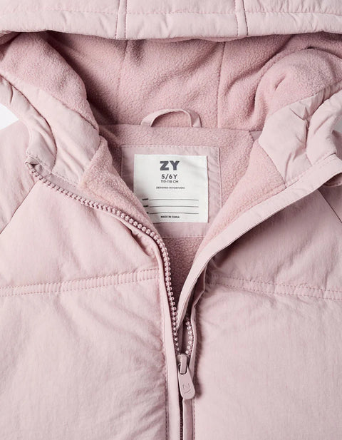 Hooded Puffer Jacket with Polar Fleece Lining for Girls, Light Purple