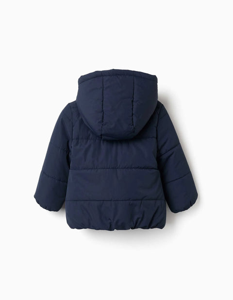 Hooded Puffer Jacket with Polar Fleece Lining for Baby Girls, Navy Blue