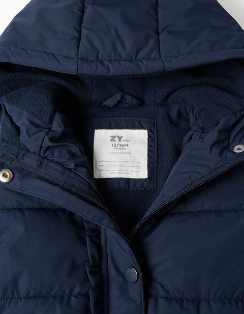 Hooded Puffer Jacket with Polar Fleece Lining for Baby Girls, Navy Blue
