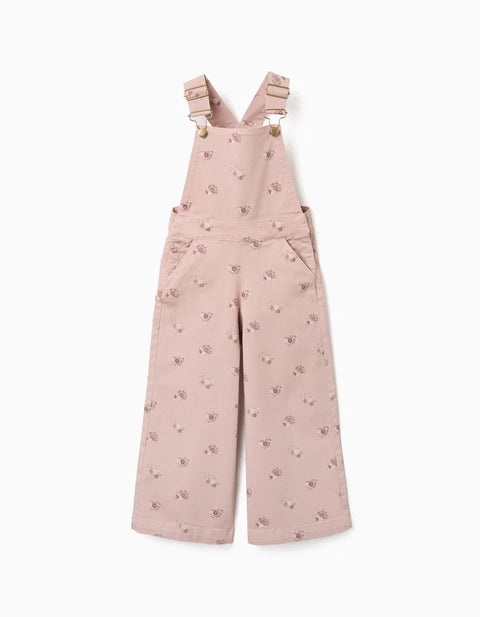 Wide Leg Twill Dungarees with Floral Pattern for Girls, Light Pink