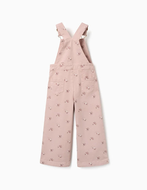 Wide Leg Twill Dungarees with Floral Pattern for Girls, Light Pink
