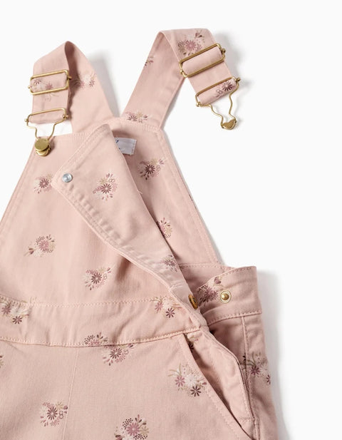 Wide Leg Twill Dungarees with Floral Pattern for Girls, Light Pink