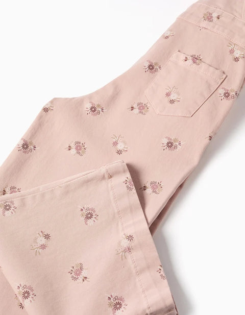 Wide Leg Twill Dungarees with Floral Pattern for Girls, Light Pink